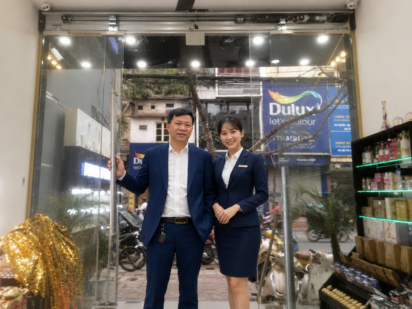 Nhân viên cửa hàng vest nam nữ đứng trước cửa kính, trưng bày sản phẩm thời trang và mỹ phẩm bên trong